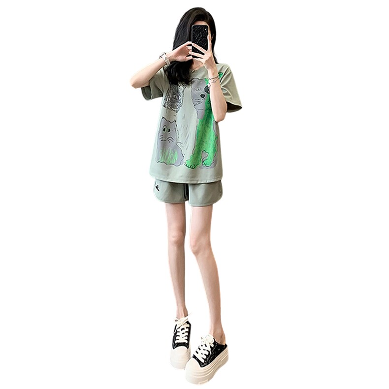 韩版休闲时尚套装女夏款个性简约圆领卡通印花上衣阔腿短裤两件套,女装套装/套裙,2C310