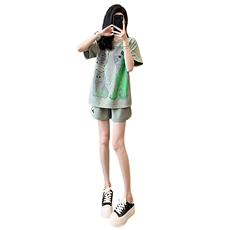 韩版休闲时尚套装女夏款个性简约圆领卡通印花上衣阔腿短裤两件套，女装套装/套裙，2C310