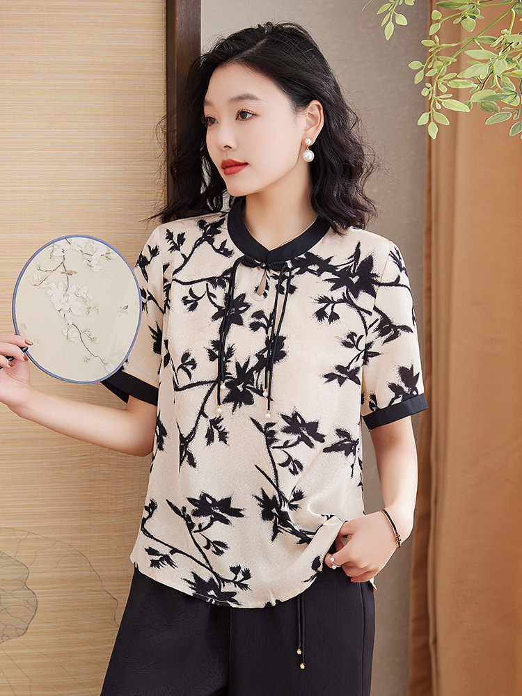 时尚优雅别致设计感新中式清新透气小衫百搭2025,女装蕾丝衫/雪纺衫,媚琳依坊