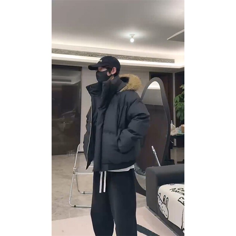现货三防重磅硬挺boxy短款羽绒棉衣座山雕大毛毛领PU皮棉服外套冬,男装棉衣,电商A486-1
