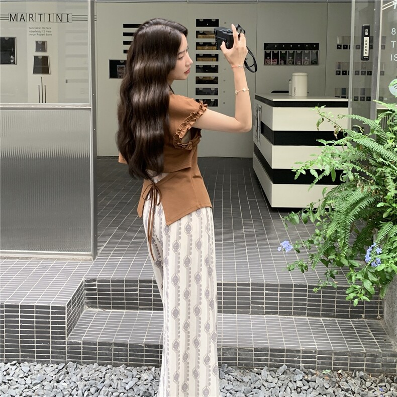 时髦木耳边拼接开叉T恤两件套女2025韩系简约印花直筒阔腿裤套装,女装套装/套裙,秋水欣儿