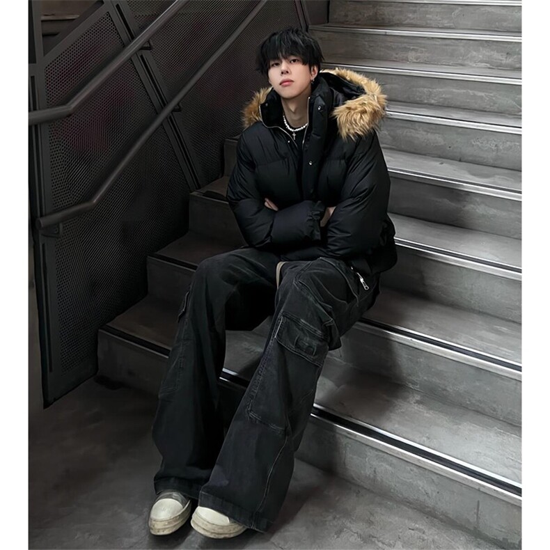 美式短款毛领羽绒服男款冬季痞帅高级感连帽派克棉服cleanfit外套,男装羽绒服,星座506A