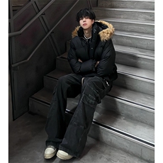 美式短款毛领羽绒服男款冬季痞帅高级感连帽派克棉服cleanfit外套，男装羽绒服，星座506A