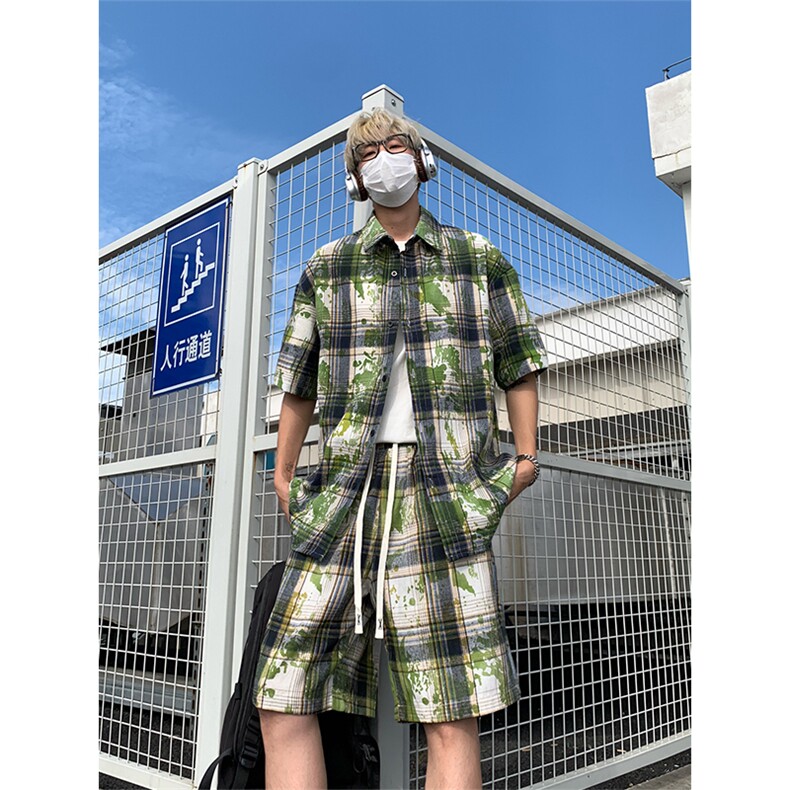 夏季扎染格子套装上衣DC2240特P25控49-裤子DK8627特P21控48,男装休闲套装,电商A007