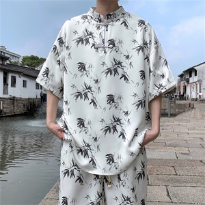 量大优供视频新风竹叶印花 冰丝短袖短裤套装男 TZ2404-特P50图片