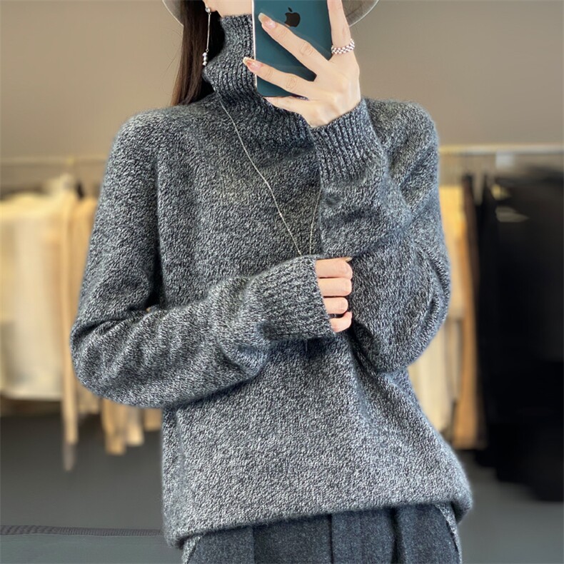 2025年秋季时尚百搭他简约休闲花灰高领平面羊毛衫，女装羊毛衫，丽特绒