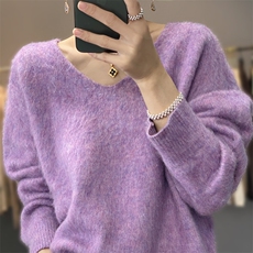韩版宽松灰色V领马海毛衣秋冬2023新款女装宽松休闲软糯针织衫大，女装针织衫/毛衣，雪真羊绒
