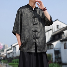 新中式大码七分袖衬衫2025夏季新款男立领大码盘扣上衣CS2461-P60，男装衬衫，电商A008
