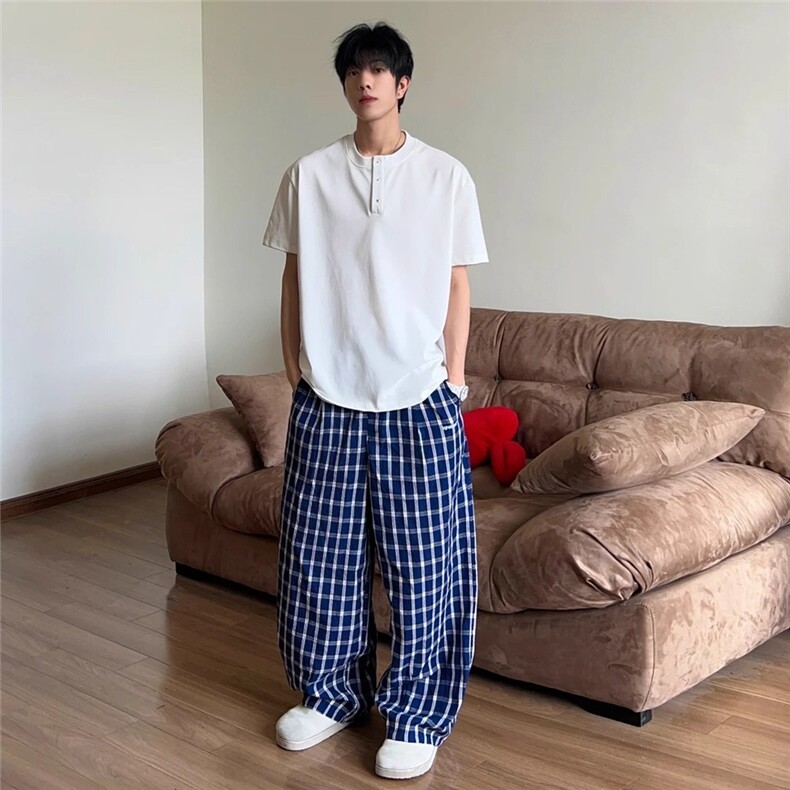V175-P40格子休闲裤男女宽松直筒阔腿裤美式复古高街薄裤子防蚊,男装休闲裤,星座911-1