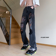 B221美式ins嘻哈色彩涂鸦小众拉链破洞牛仔裤LK23085-P65控88，男装牛仔裤，电商B221