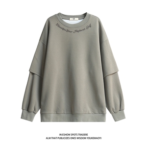白底秋装新款假两件刺绣圆领卫衣秋季潮男装宽松情侣外套S240-P58图片