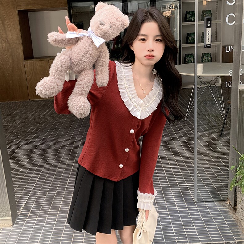 针织花边长袖上衣女春秋红色衬衫时尚修身显瘦设计感2025新款百搭图片