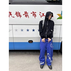 美式街头亚幻蝎子印花蓝色卫裤男女款宽松休闲设计感百搭运动长裤，男装休闲裤，四季星座505