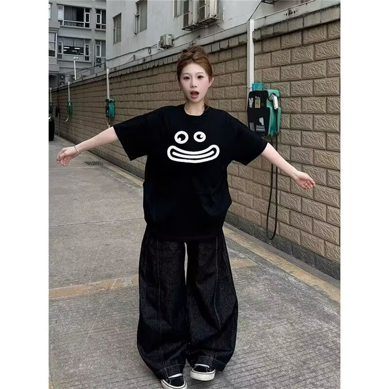 纯棉240G美式高街黑色短袖t恤女夏新款设计感学生宽松慵懒风半袖，男装T恤，星座516A