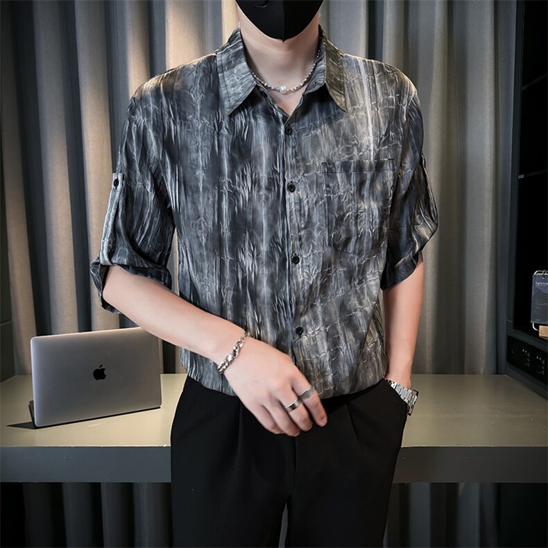 小伙夏季男士七分袖扎染衬衫男休闲宽松衬衣A236-0853-P55,男装衬衫,电商A236