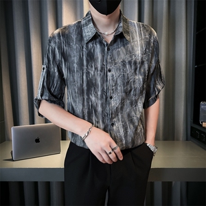 小伙夏季男士七分袖扎染衬衫男休闲宽松衬衣A236-0853-P55图片