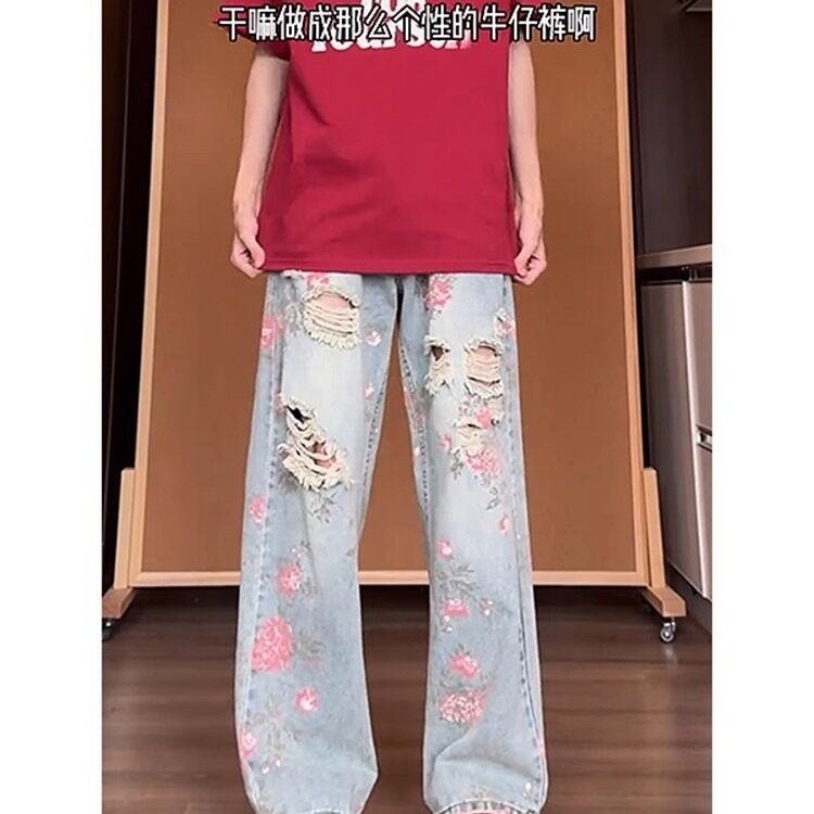破洞直筒牛仔裤男夏季薄款宽松男裤花卉复古裤子2026新款休闲男裤,男装牛仔裤,星座601-1