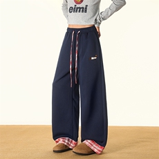 8XL-M美式复古格纹拼接卷边运动卫裤男直筒阔腿休闲裤子K9170P58，男装休闲裤，电商D206-1