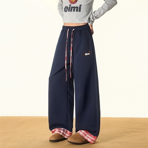 8XL-M美式复古格纹拼接卷边运动卫裤男直筒阔腿休闲裤子K9170P58