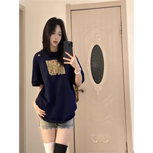 藏青色刺绣高级感情侣款重磅短袖T恤男女春夏季美式复古半袖上衣图片
