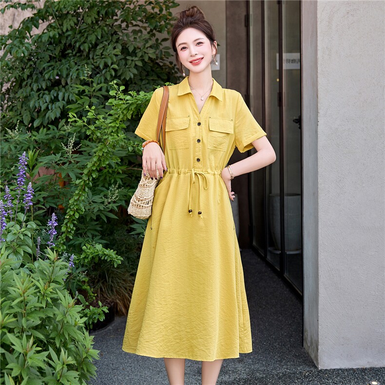 休闲时尚减龄连衣裙女中长款2025夏新款系带收腰显瘦polo领衬衫裙,女装连衣裙,意芙