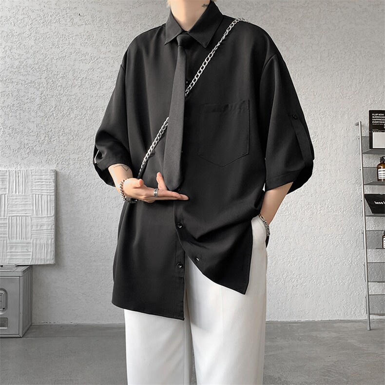 M-8XL领带衬衫短袖特大码垂坠感夏季冰丝外套DK制服衬衣DC5005P45，男装衬衫，电商B238