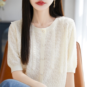 2025夏季新款短袖t恤女薄款圆领蕾丝时尚木耳边半袖针织衫体恤衫图片