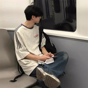 夏季美式高街重磅纯棉三条杠织带撞色男女短袖T恤ZD366-特P30图片