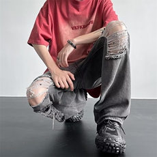 牛仔裤男休闲宽松百搭复古设计破洞直筒阔腿拖地长裤N01325-P42，男装牛仔裤，星座308B-2