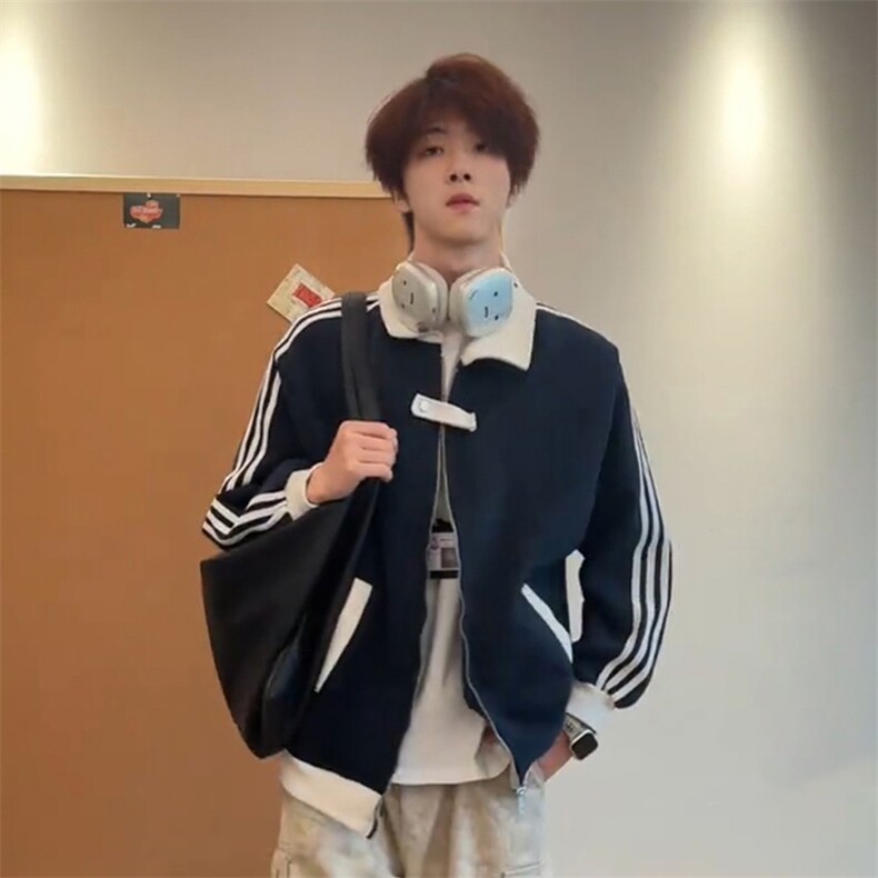 抖音得物品质秋冬美式高街重磅结构拼接织带翻领卫衣夹克外套W113,男装夹克,电商A486-1