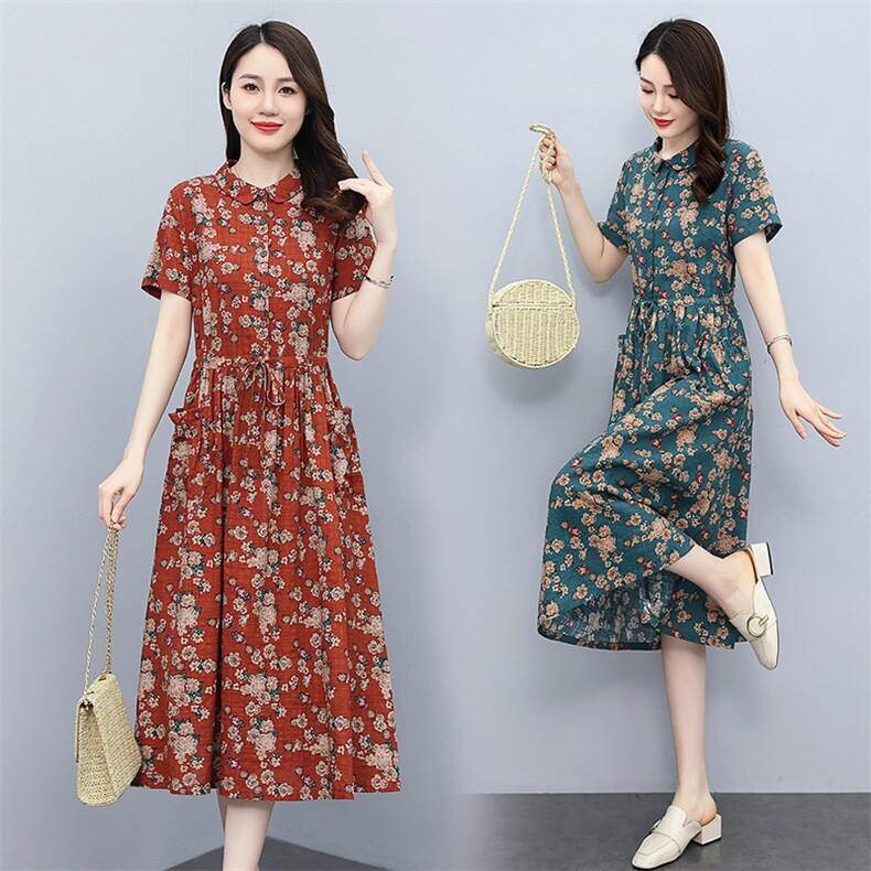 印花棉麻连衣裙女中长款2025夏季新款气质收腰显瘦减龄碎花衬衫裙,女装连衣裙,倪叶myz