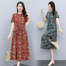 印花棉麻连衣裙女中长款2025夏季新款气质收腰显瘦减龄碎花衬衫裙，女装连衣裙，倪叶myz