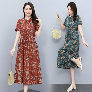 印花棉麻连衣裙女中长款2025夏季新款气质收腰显瘦减龄碎花衬衫裙图片