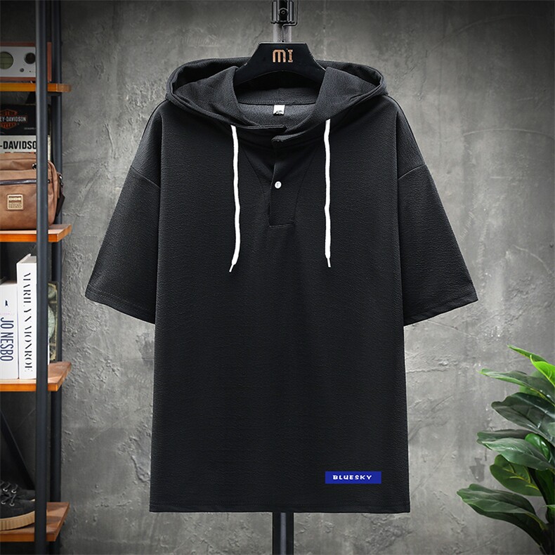 LD54202-P45 连帽短袖t恤男大码胖子带帽五分袖中袖 展架图片
