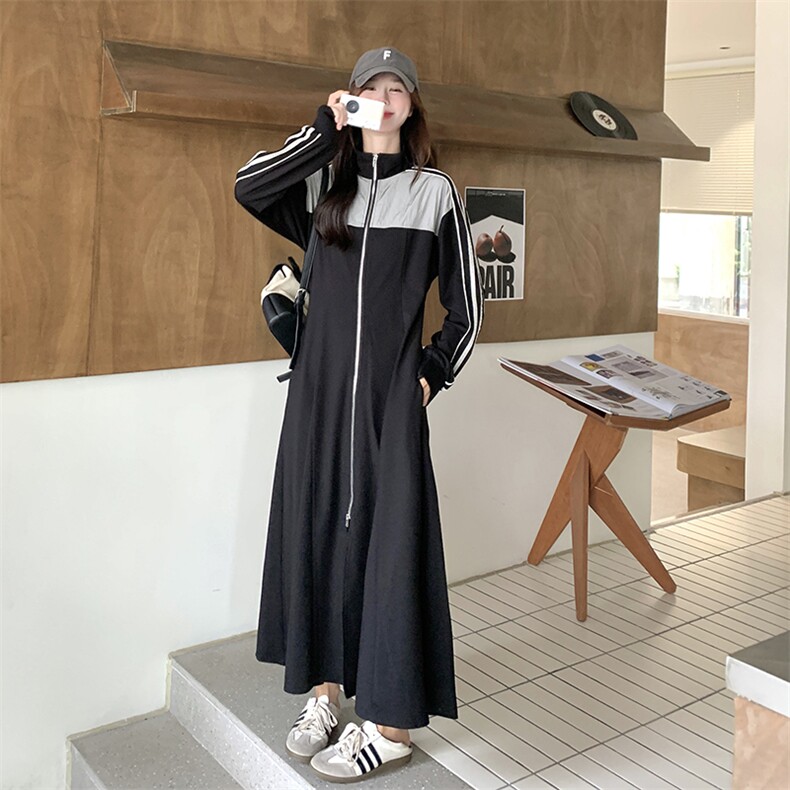 韩系休闲运动卫衣连衣裙女2025春秋季新款长款脚踝显瘦拉链长裙子,女装连衣裙,2C098