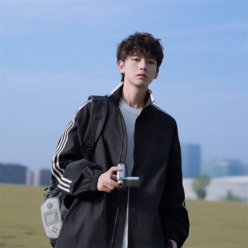 A408-24W86056*秋季开衫立领三条杠休闲夹克P70-聚酯纤维,男装夹克,电商A408