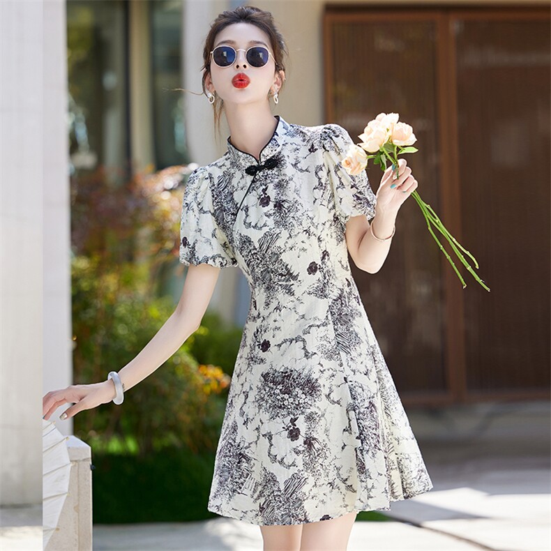 夏季新款优雅修身显瘦中式印花旗袍连衣裙，女装连衣裙，大掌柜