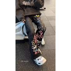 手绘涂鸦弯刀牛仔裤男潮牌痞帅炸街裤子美式高街修身微喇裤，男装牛仔裤，星座410-6（原星座1304-1）