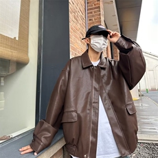 皮衣外套男秋冬季美式复古潮牌痞帅机车服皮夹克宽松休闲翻领上衣，男装皮衣，星座410-7