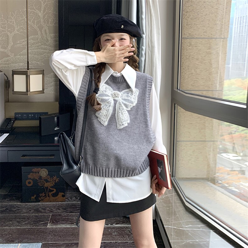 灰色蝴蝶结针织马甲套装2025新款女春季学院风气质衬衫马夹两件套,女装马甲,维壹