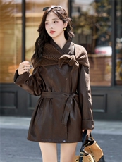 复古酷飒御姐风PU皮衣外套女2025秋季新款中长款时髦洋气系带风衣，女装皮衣，流量+