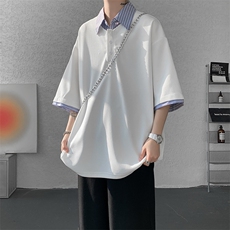 8XL-M假两件衬衫领短袖T恤大码夏季条纹拼接polo衫半袖DX1211/P45，男装T恤，电商B238