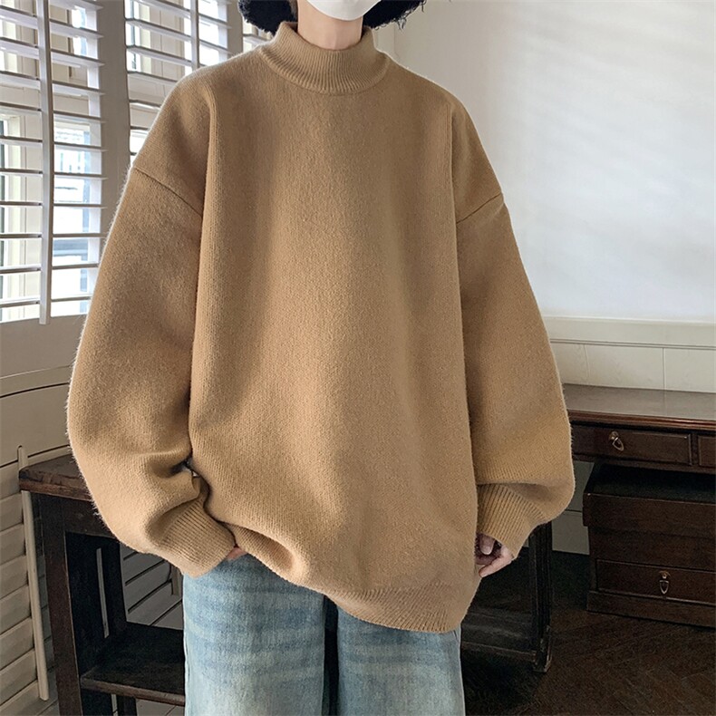 黑色半高领毛衣男日系复古慵懒风高级感冬中领风衣内搭针织打底衫,男装T恤,电商A367