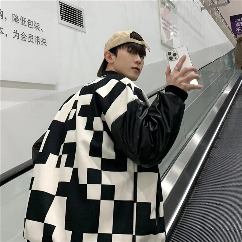 2023春季日系棒球服vintage外套黑白格拼接夹克男士  W2794-P52图片