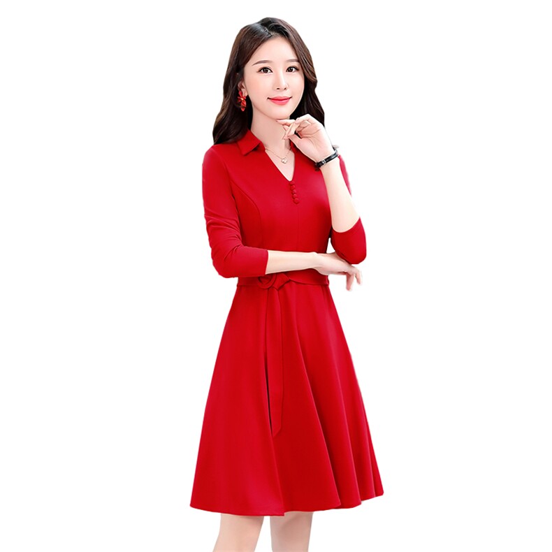 红色本命年衬衣领长袖连衣裙2024大码女春装收腰减龄中长款打底裙,女装连衣裙,贝蕾酷儿