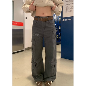 直筒刺绣腰带绳工装牛仔裤女秋季复古街头阔腿长裤 KG012图片