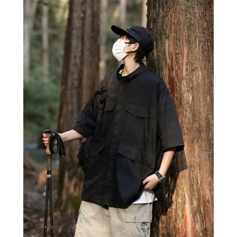 HY2307-P40夏季新款日系复古短袖ins工装衬衫士宽松多袋衬衣外套,男装衬衫,电商C233