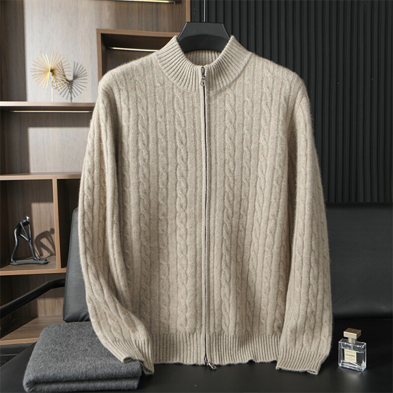 扭花半高领拉链男士秋冬季新款简约休闲羊绒开衫，男装羊绒开衫，台绒羊绒