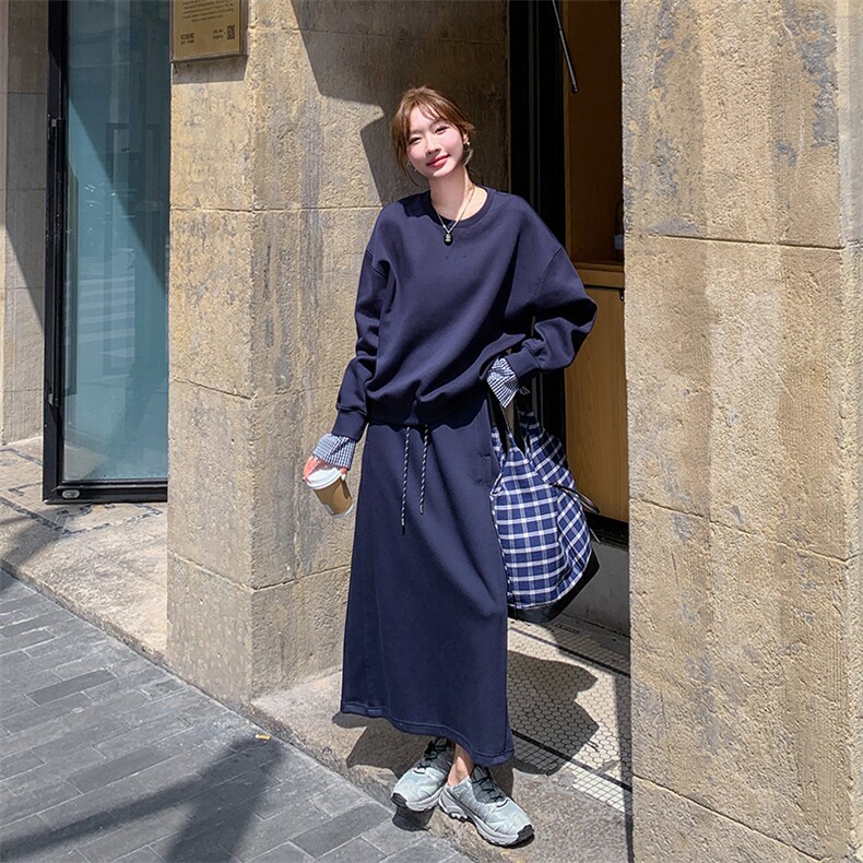 韩系穿搭格子拼接长袖卫衣半身长裙两件套女春季新款休闲通勤套装,女装套装/套裙,维壹