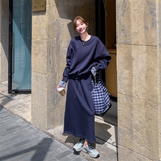韩系穿搭格子拼接长袖卫衣半身长裙两件套女春季新款休闲通勤套装，女装套装/套裙，维壹